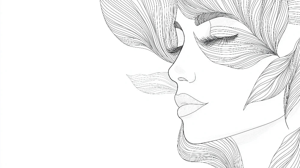 Mural Wallpaper face-and-leaves | Elegant linear design of a female face