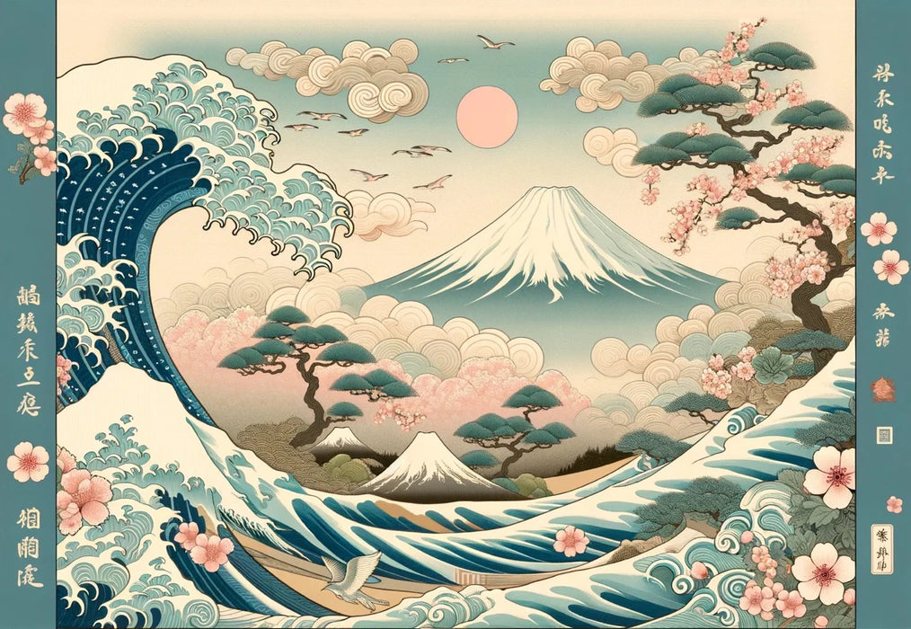Japanese Wave Mural Wallpaper | Mount Fuji and White Japanese Cloud