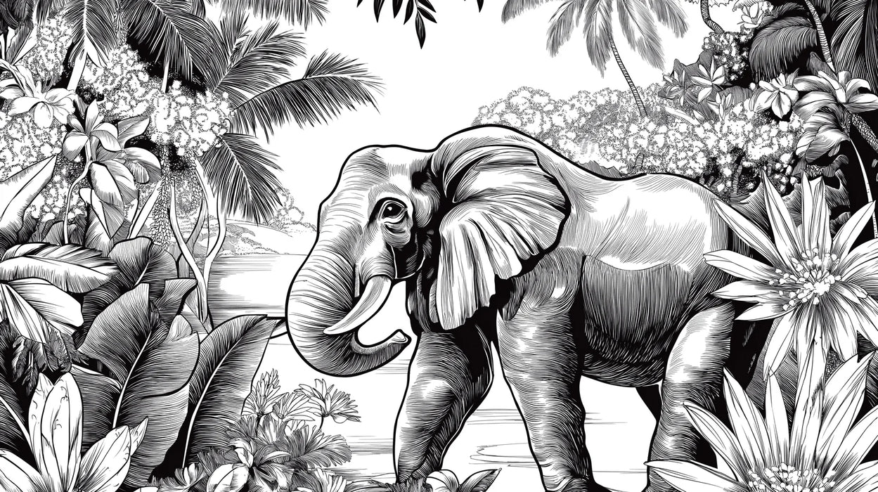 Mural Wallpaper elephant | Elegant elephant in a lush black and white jungle