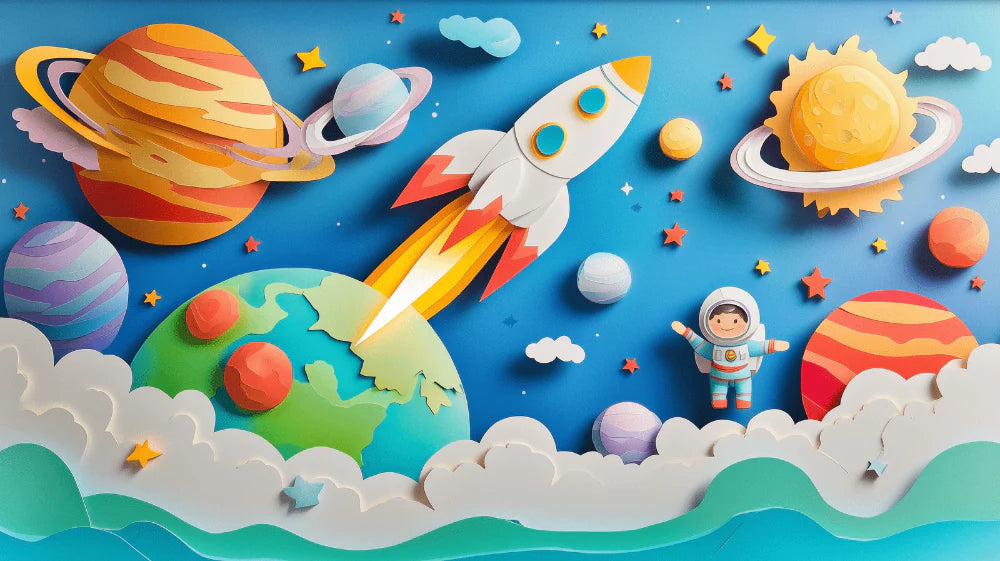 Mural Wallpaper kids space | Rocket and planets in bright colors