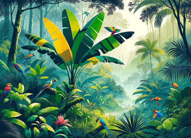Tropical Jungle Mural Wallpaper | Imaginary Parrots, Green and Yellow Foliage