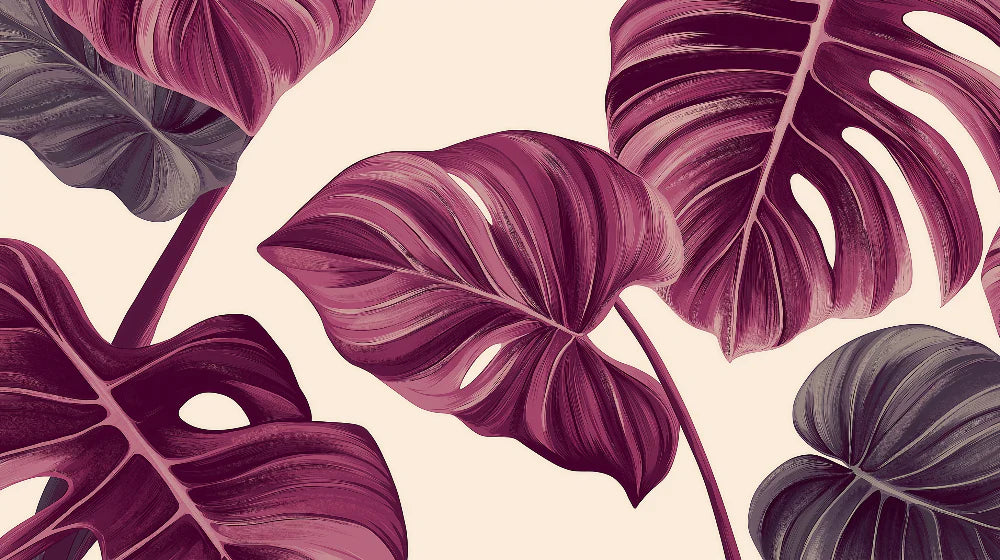 Mural Wallpaper monstera leaves | Lush pattern in burgundy and gray shades