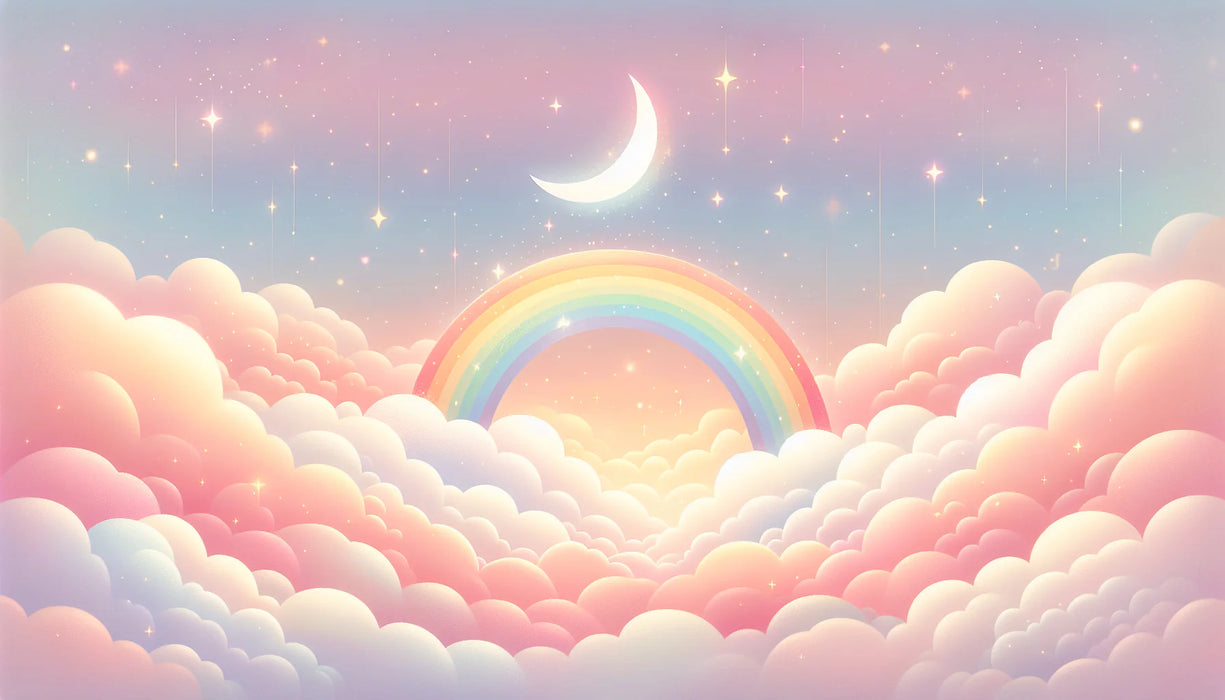 Rainbow Mural Wallpaper | Pink Clouds, Stars, and Crescent Moon
