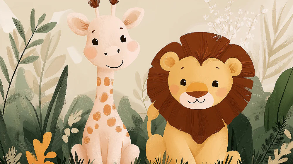 Mural Wallpaper cute animals | Stylized giraffe and lion in the middle of the jungle