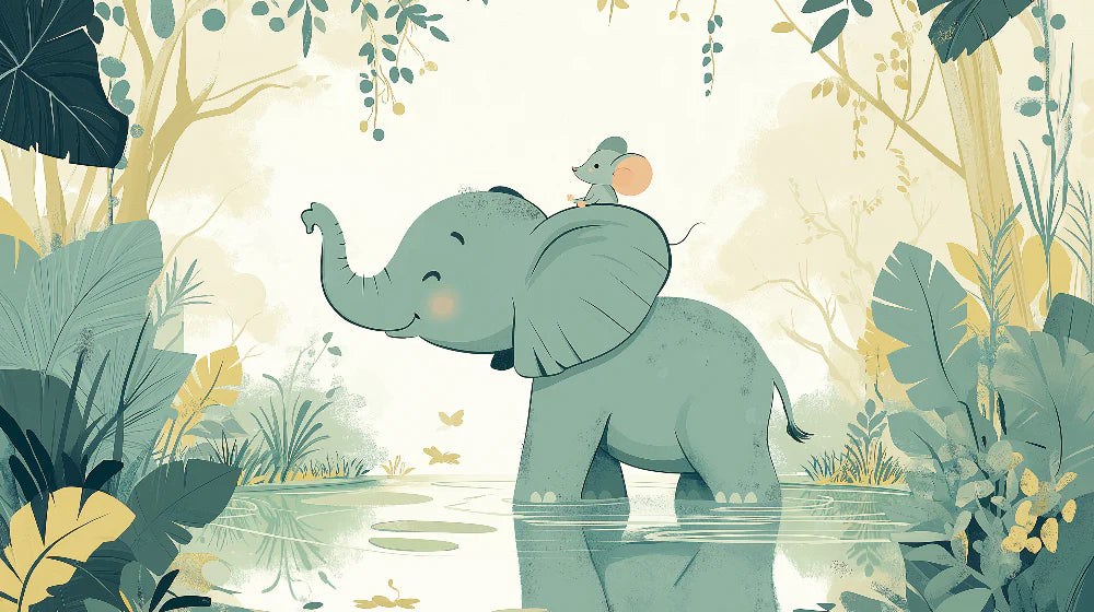 Mural Wallpaper elephant | A happy elephant with a little mouse in the middle of nature