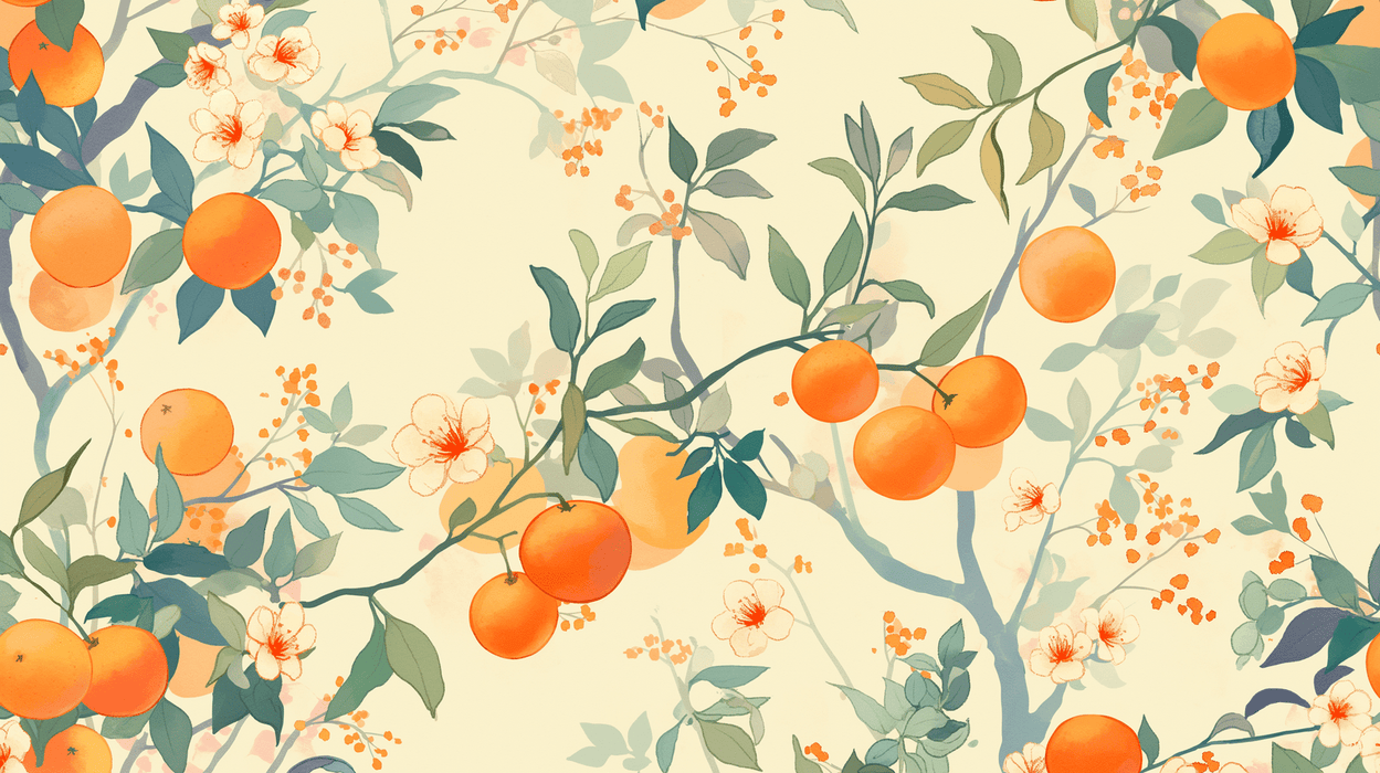 Close-up of colorful orange tree wallpaper design with ripe citrus fruits and botanical details for dining room decor
