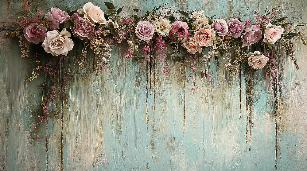 Mural Wallpaper shabby chic | Romantic floral garland on aquatic background