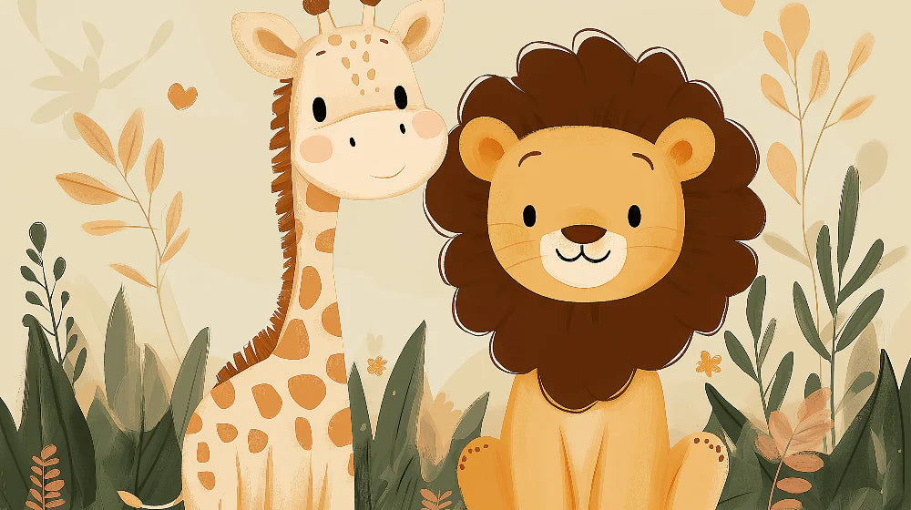 Mural Wallpaper animals | A giraffe and a lion in a gentle setting