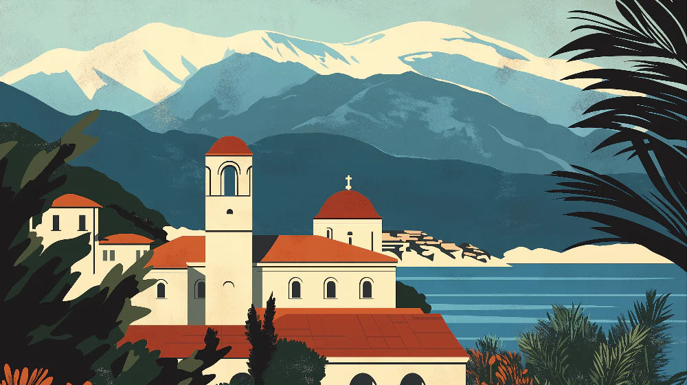 Mural Wallpaper Santorini | Church by the sea and mountains in the background