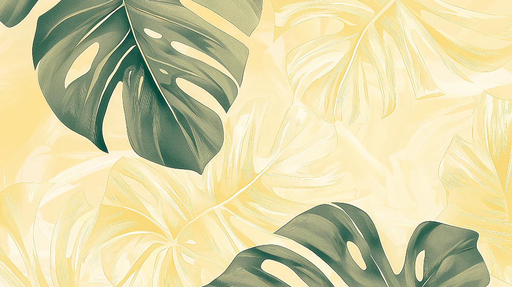 Mural Wallpaper tropical | Monstera leaves on soft yellow background