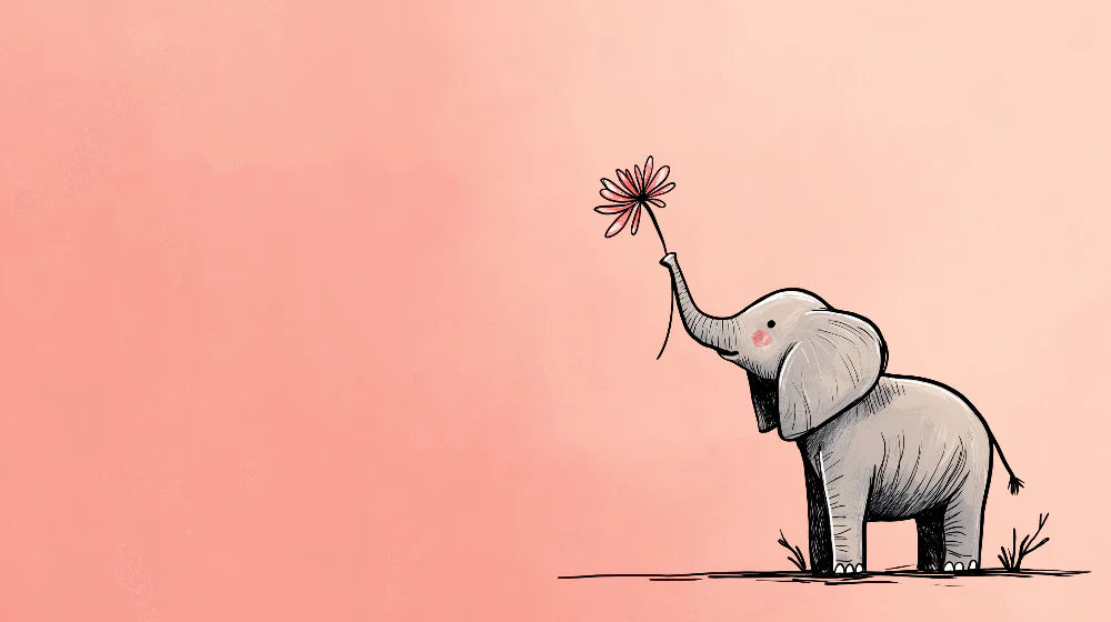 Mural Wallpaper elephant | Elegant caricatural elephant holding a flower on a pink background