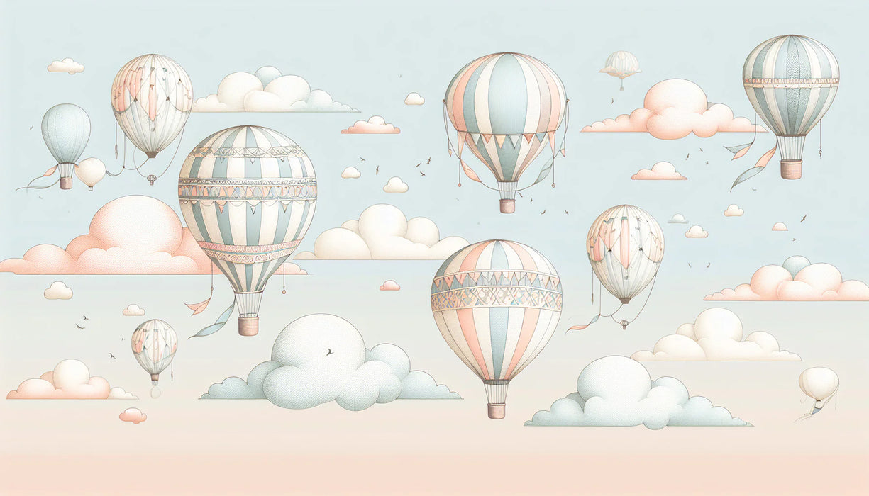 Hot Air Balloon Mural Wallpaper | Pink and Blue Clouds with Decorated Hot Air Balloon