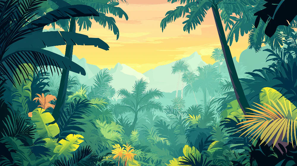 Mural Wallpaper jungle | Tropical tapestry with lush foliage and sunset