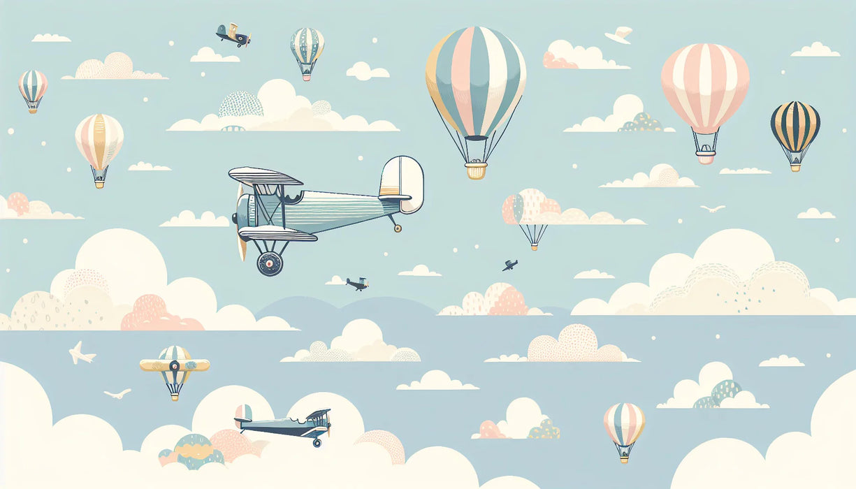 Airplane Mural Wallpaper | Hot Air Balloons and Clouds for Children