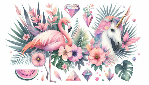 Close-up of colorful fantasy wallpaper design with unicorns, flamingos, gems and lush tropical vegetation for enchanting nursery decor