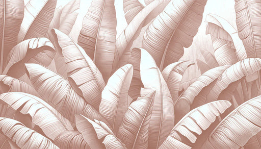 Close-up of exotic banana leaf wallpaper design in terracotta pink with lush tropical foliage for elegant bedroom decoration
