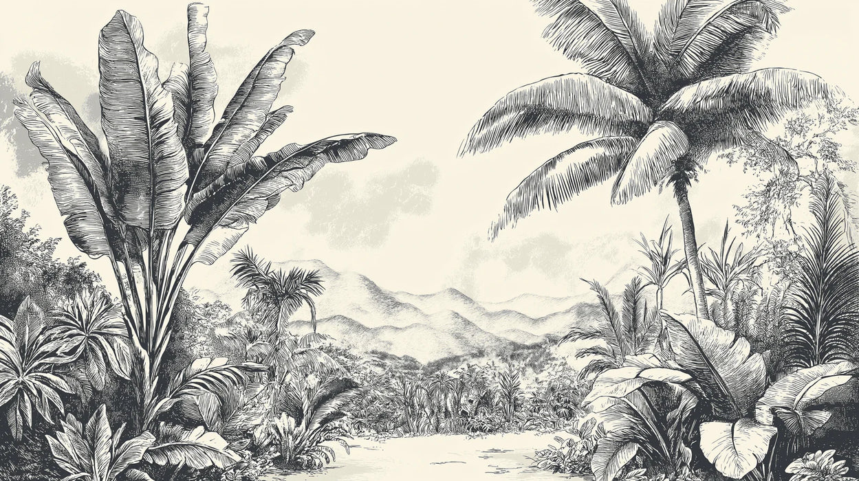 Mural Wallpaper jungle | Monochrome botanical illustration of a tropical jungle