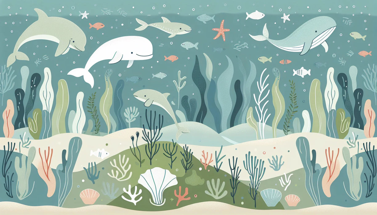 Marine Mural Wallpaper | Whales, Fish, Seaweed, and Seashells