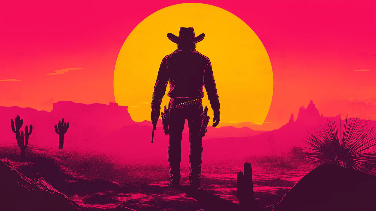 Mural Wallpaper desert landscape | Cowboy silhouette at vibrant sunset