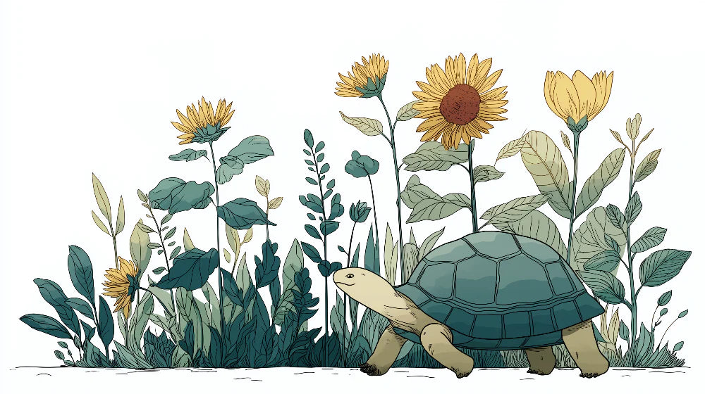 Mural Wallpaper turtle and flowers | Turtle moving among sunflowers and lush foliage