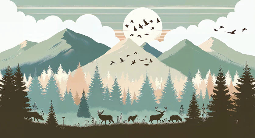 Mountain Baby Mural Wallpaper | Pine Trees, Animals, and Full Moon