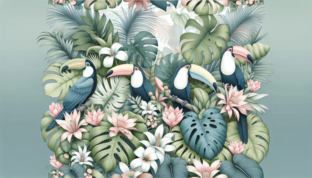 Bird Mural Wallpaper | Toucans, Monstera, and Palm Leaf