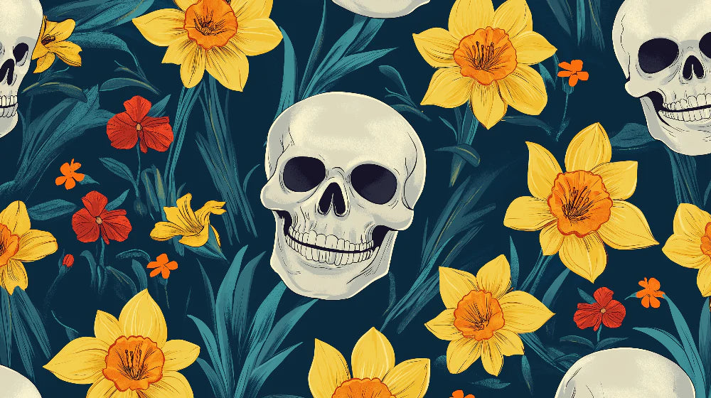 Mural Wallpaper skull | Patterns and yellow flowers