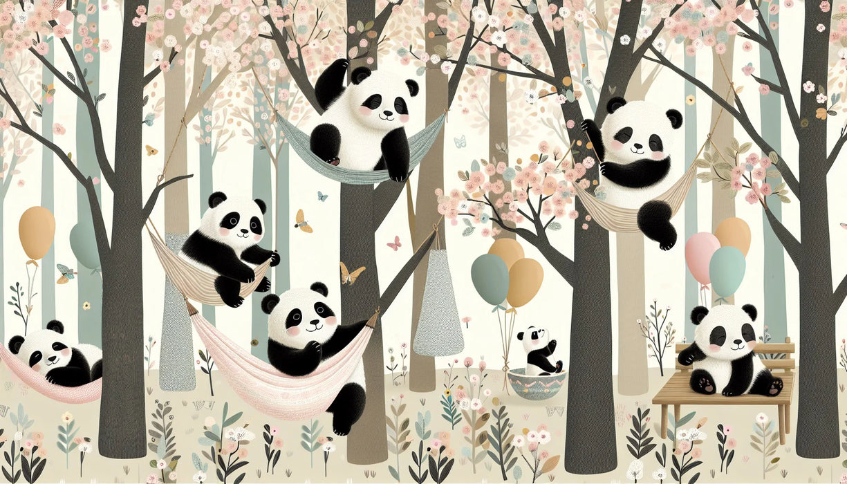 Children's bedroom Mural Wallpaper | Pandas lounging in hammocks