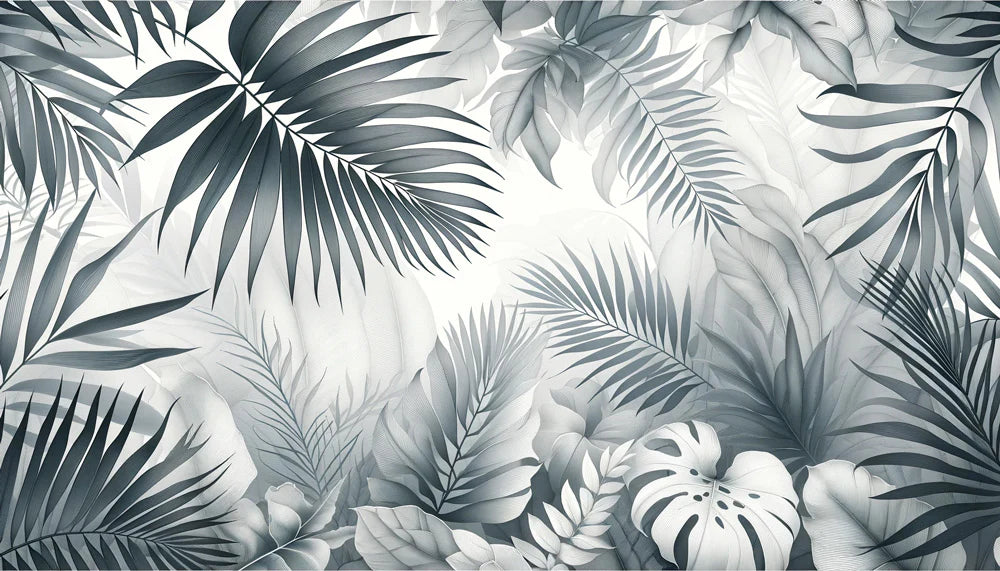 Black and White Foliage Mural Wallpaper | Soft-Colored Foliage Jungle
