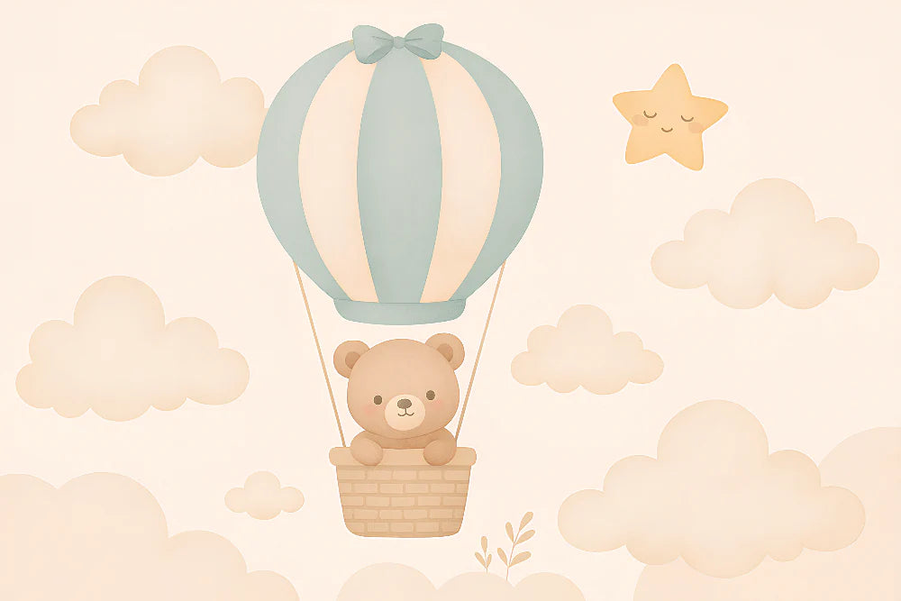 Mural Wallpaper bear in a hot air balloon | Adorable teddy bear flying over soft clouds