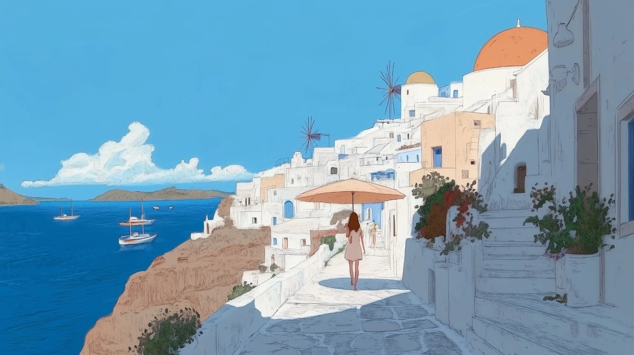 Mural Wallpaper Santorini | Blue and White Mediterranean Landscape