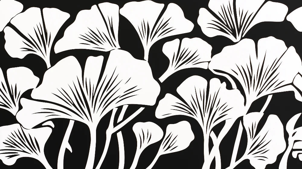 Mural Wallpaper black and white foliage | White Ginkgo on black background