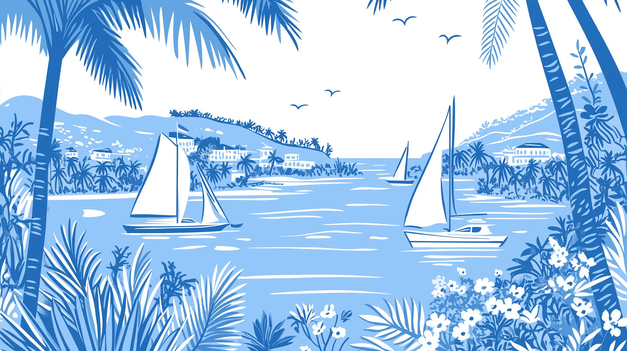 Mural Wallpaper marine | Tropical scene with sailboats and palm trees in shades of blue