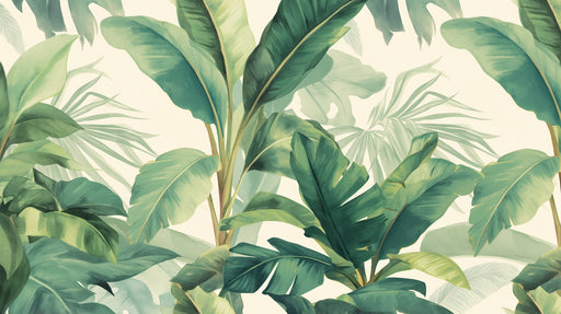 Close-up of lush banana leaf wallpaper design with exotic tropical plants in various shades of green for bedroom decoration
