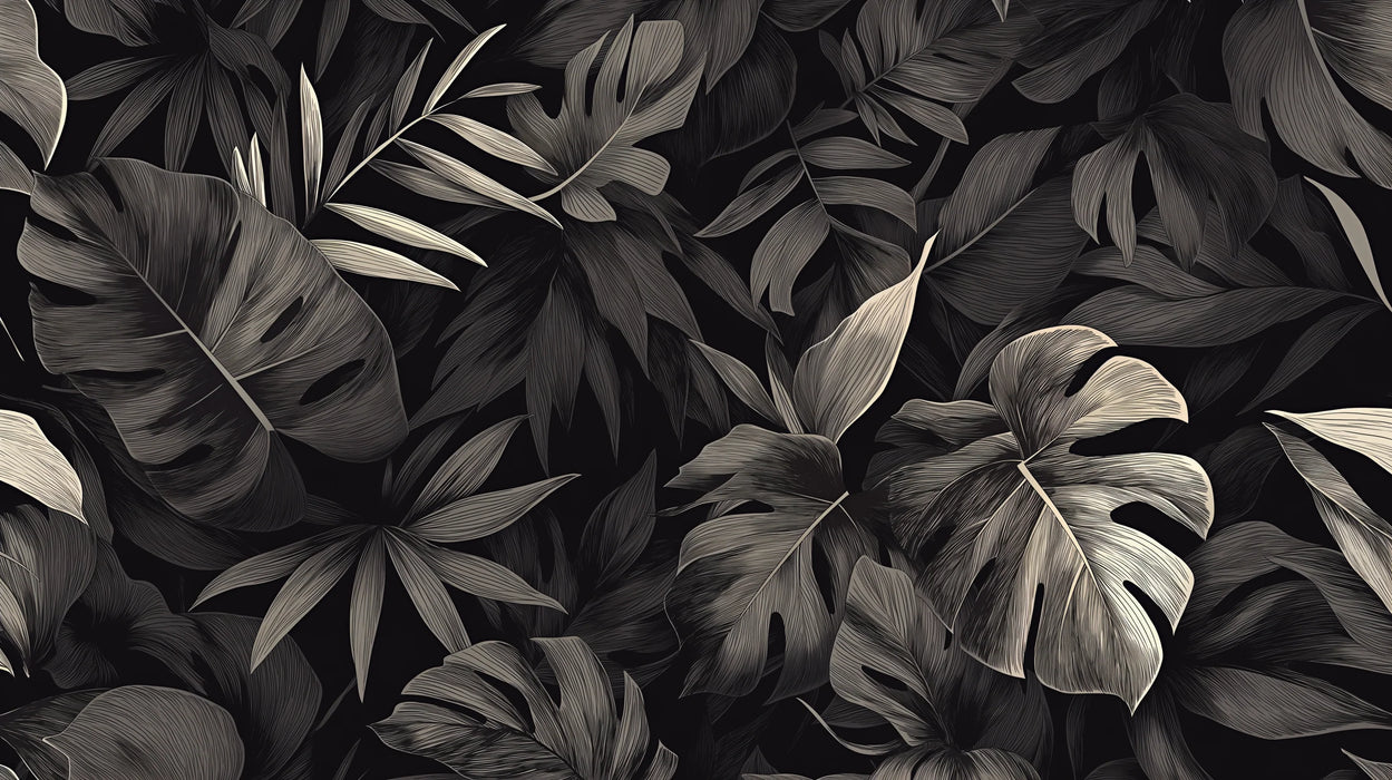 Black and Gray Leaf Mural Wallpaper | Monstera and Palm Tree