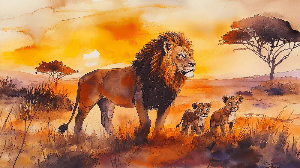 Mural Wallpaper lion | Wild landscape at sunset