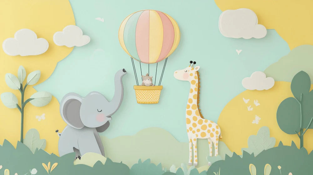Mural Wallpaper safari child | Elephant and giraffe with hot air balloon