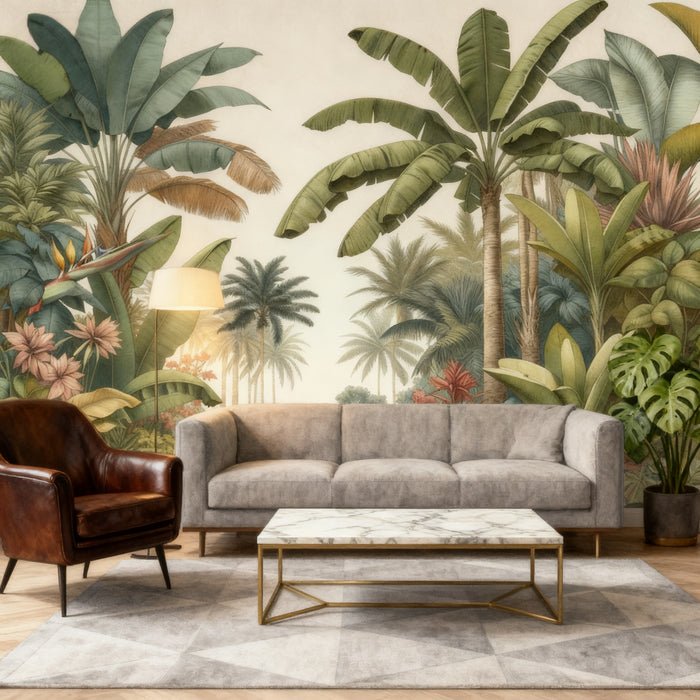 Tropical Jungle Mural Wallpaper | Beige Background with Palm Trees and Banana Trees
