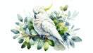 Close-up of serene cockatoo wallpaper design with detailed white bird and lush green jungle leaves for peaceful bedroom decoration
