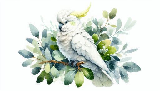 Close-up of serene cockatoo wallpaper design with detailed white bird and lush green jungle leaves for peaceful bedroom decoration
