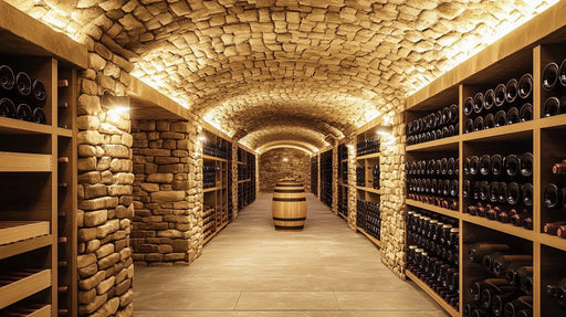 Close-up of authentic wine cellar wallpaper design with traditional stone arches and aged wine bottles for sophisticated kitchen decor

