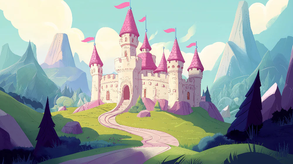 Mural Wallpaper fairy tale castle | Castle with pink towers in an enchanting landscape