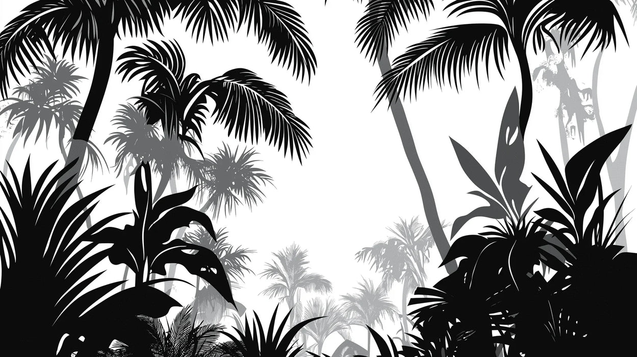 Mural Wallpaper jungle monochrome | Silhouettes of palm trees and foliage in black and white