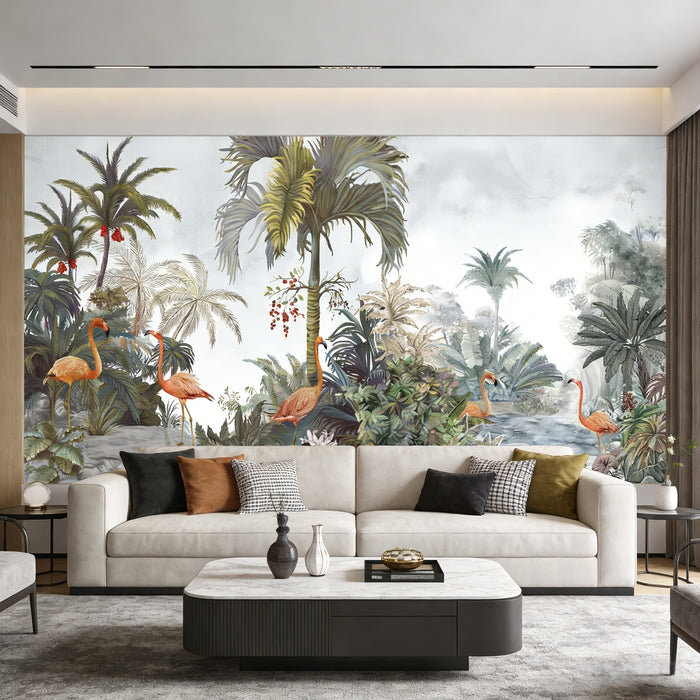 Tropical safari mural wallpaper featuring flamingos, zebra and palm trees in soft watercolor style
