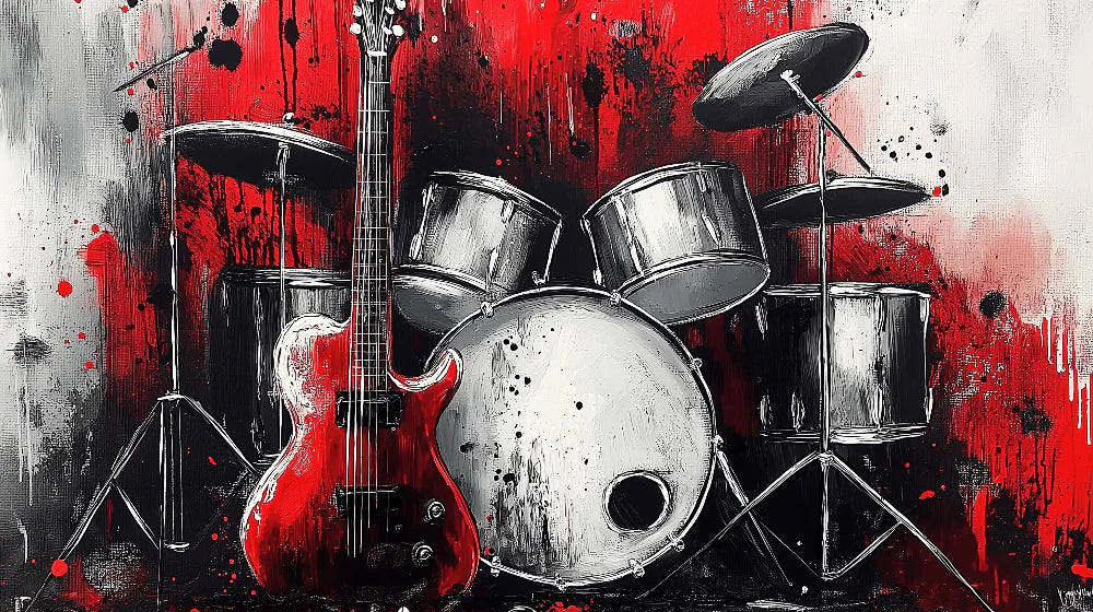 Mural Wallpaper music | Electric guitar and drums on red artistic background