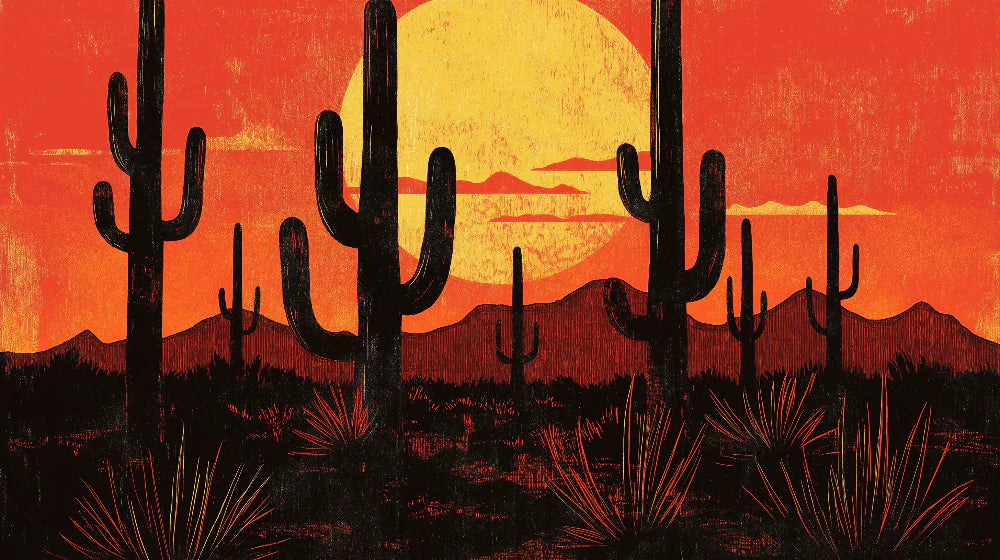 Mural Wallpaper desert | Desert landscape at sunset with cactus