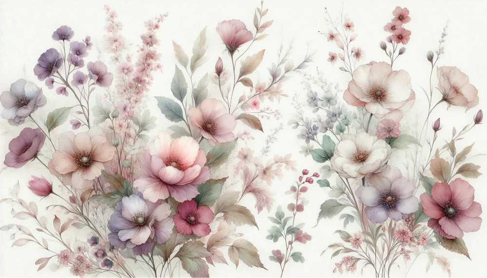 Pastel Floral Mural Wallpaper | Violet, Pink, and Green Floral Composition