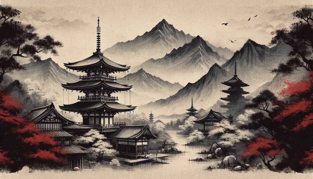 Japanese Zen Mural Wallpaper | Black and Red Ambiance with Lake and Temple