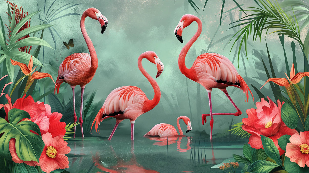 Mural Wallpaper bird | Pink flamingos and lush vegetation