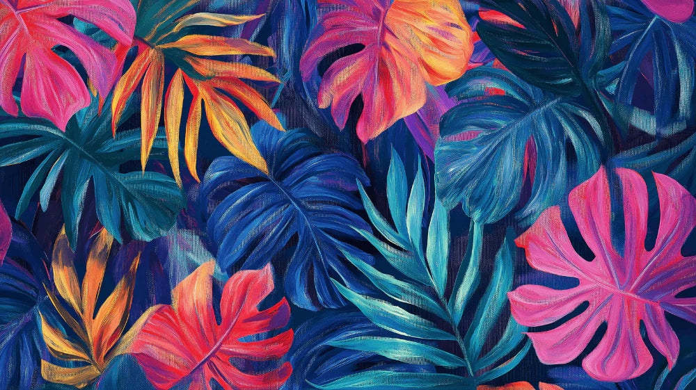Mural Wallpaper jungle and flowers | Monsteras in oil painting